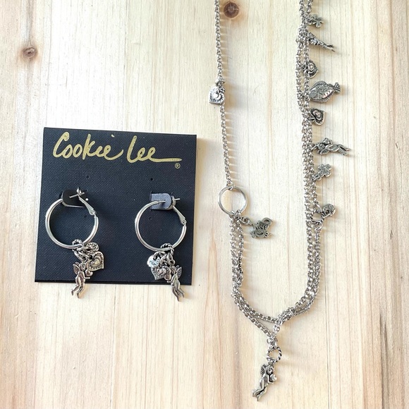NWT cookie Lee silver cherub heart charm hoop earrings long necklace set lot 3 - Picture 3 of 7